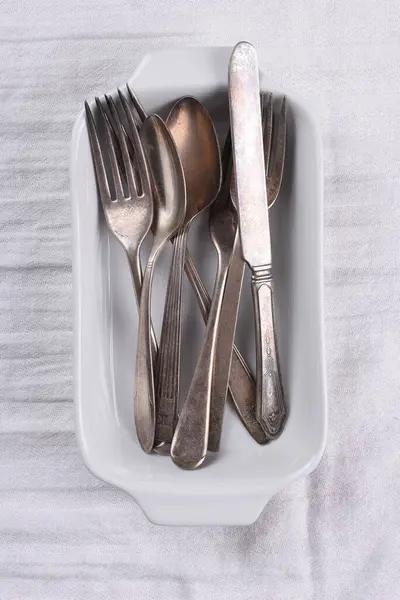 Empty Silver Cutlery Set Grey Background — Stock Photo, Image