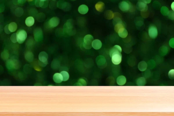 Wood Plank Lighting Beautiful Glittering Green Bokeh Background Empty Wood — Stockfoto
