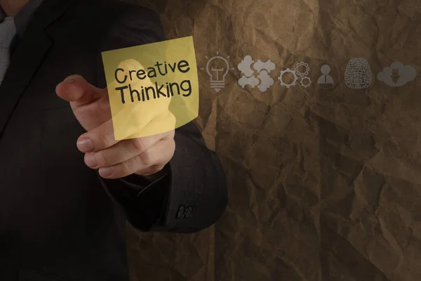 Businessman Hand Point Creative Thinking Sticky Note Ico — Stok fotoğraf