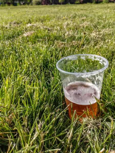 Half Drunk Cup Beer Green Grass — Stock Photo, Image
