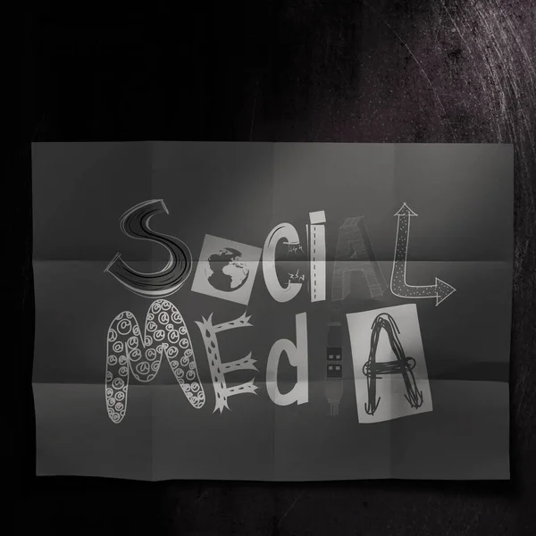 Design Szó Szociális Média Sötét Összegyűrt Papír Textúra Bac — Stock Fotó