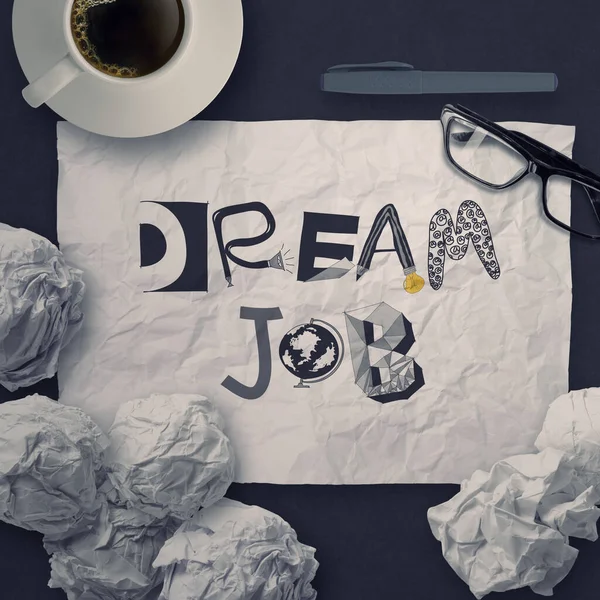 Hand Drawn Design Words Dream Job Crumpled Paper Background — Stock Fotó