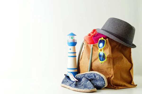 Summer Holiday Travel Concept Hipster Beach Bag Items — Stock Photo, Image