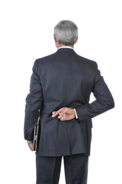 Standing Businessman Fingers Crossed Back — Stock Photo, Image