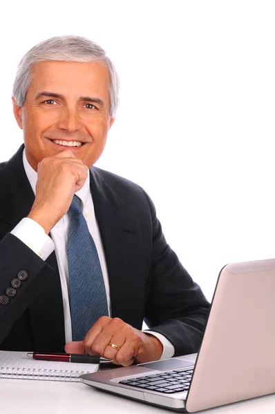 Middle Aged Businessman Laptop Isolated White Background — Stock Photo, Image
