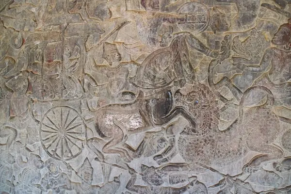 Geschnitzte Mauer Aus Dem Jahrhundert Die Einen Krieger Pferd Zeigt — Stockfoto