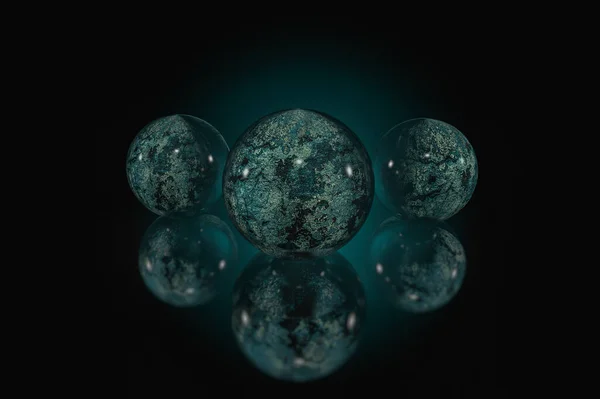 Textured Spheres Glossy Finish Dark Background Glow Reflection Effect — Fotografia de Stock