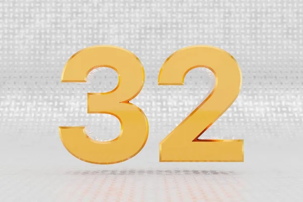 黄色3D数字32 金属地板底座上光滑的黄色金属编号 3D渲染字体字符 — 图库照片