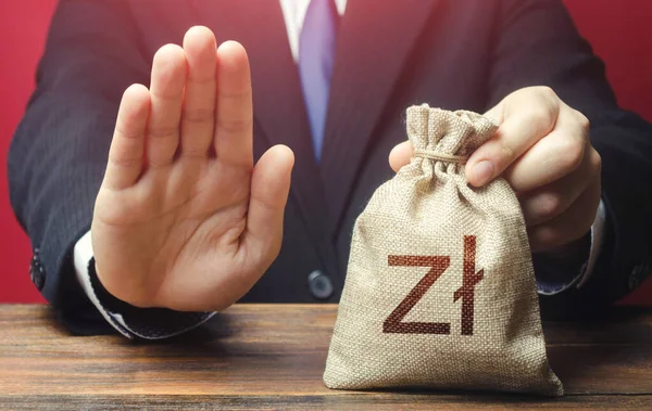 Businessman Refuses Give Polish Zloty Money Bag Loan Refusal Bad — Stock Photo, Image