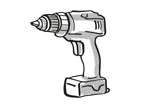 Portable Hand Drill Power Tool Equipment Cartoon Retro Drawing — Stock Photo, Image