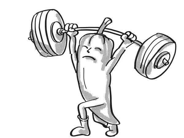Red Chili Pepper Healthy Vegetable Lifting Barbell Cartoon Retro Drawing — Stock Photo, Image