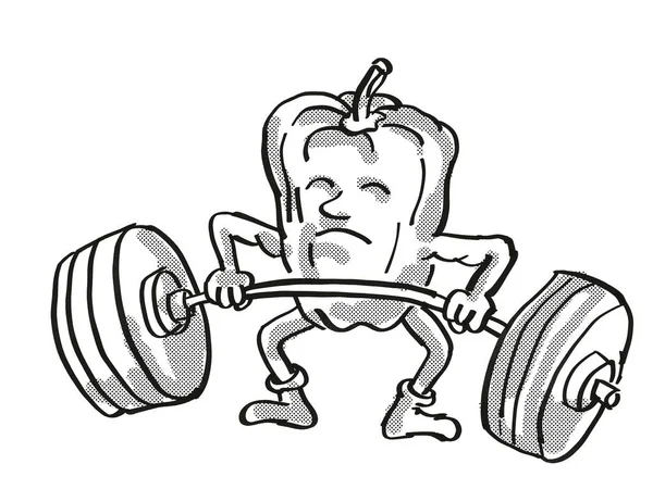 Poivre Bell Capsicum Santé Légumes Levage Barbell Cartoon Retro Dessin — Photo