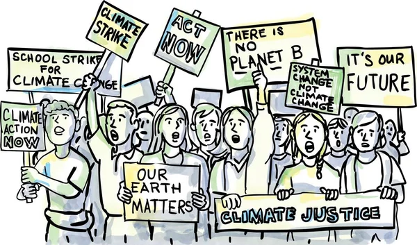 Mladí Studenti Protestují Proti Klimatickým Změnám Akvarelu — Stock fotografie