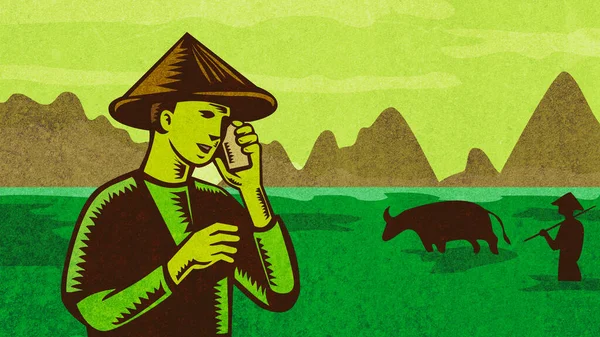 Vietnamita Sudeste Asiático Agricultor Falando Telefone Móvel Retro — Fotografia de Stock