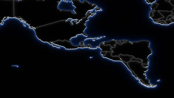 黒の青いネオンの南アメリカの3D地図 国際的な境界線 地政学の概念 デジタル3Dレンダリング — ストック写真