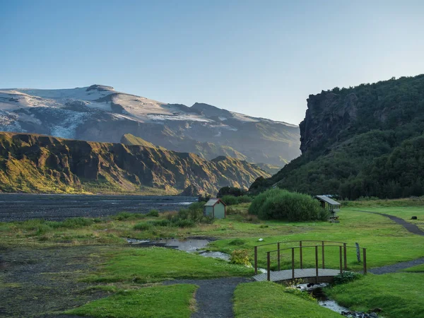 Langidalur Parque Campismo Thorsmork Com Vista Sobre Godaland Eyjafjallajokull Vulcão — Fotografia de Stock