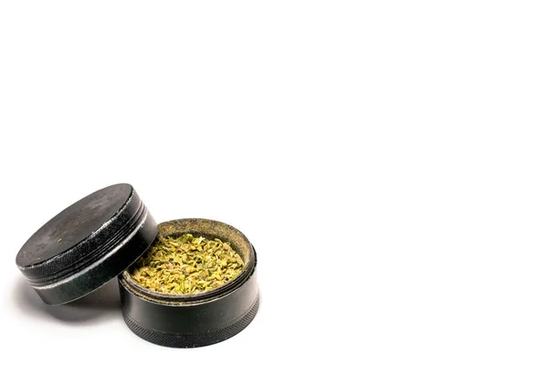 Black Grinder Full Ground Marijuana — Stock Photo, Image