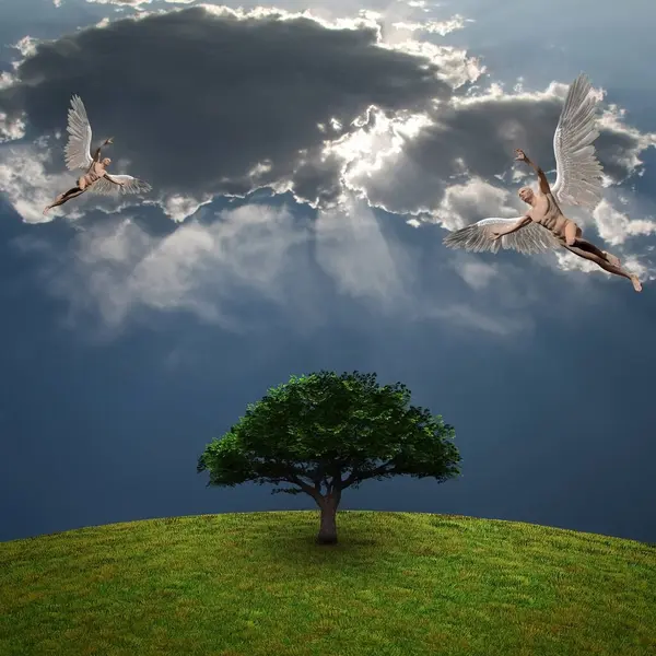 グリーンツリーの上の天使 概念的な創造的なイラスト — ストック写真
