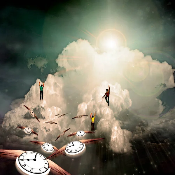 people flying on clocks to reach the clouds