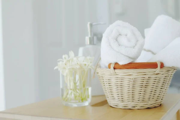 Beautifully folded white towels and toiletries. Luxury bedroom in the bedroom - Stock Photo Bed, hotel, bedroom, hotel room, towel, liquid soap