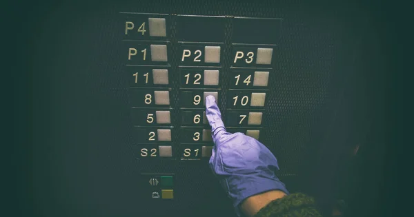 Pressing Elevator Button Hand Wearing Medical Glove Hygiene Touching Public — Fotografia de Stock