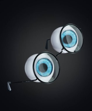 İnsan gözü mavi göz ve siyah yuvarlak gözlük..