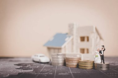 Minyatür insanlar gelin ve damat sikke para vasıl ev ile