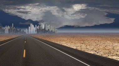 Çöl şehri ileride, gündüz manzaralı.