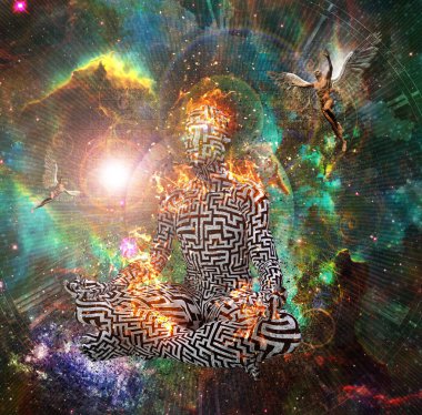 Soyut ve sürrealist evren, uzayda meditasyon yapan insanların çizimi. 