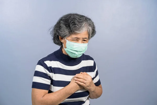 Asian Old Woman Wearing Face Surgical Mask Feeling Pain Ache — Stock Photo, Image