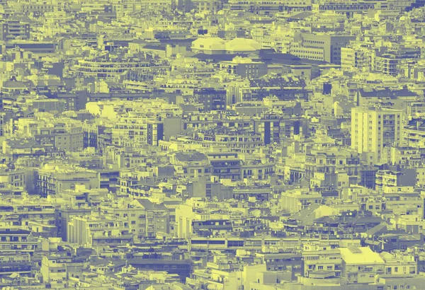 Mavi Sarı Duotone Kalabalık Şehir Manzarası Arka Planında Yüzlerce Yoğun — Stok fotoğraf