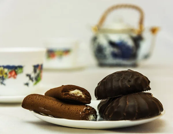 Marshmallows Και Μπισκότα Γέμιση Ένα Επιδόρπιο Τσάι — Φωτογραφία Αρχείου