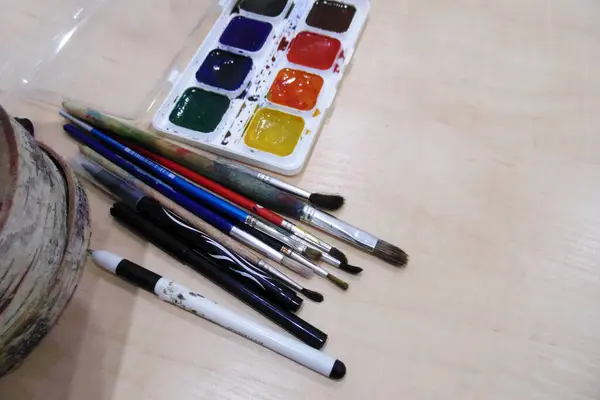 Watercolor Paints Pencils White Table — Stock Photo, Image