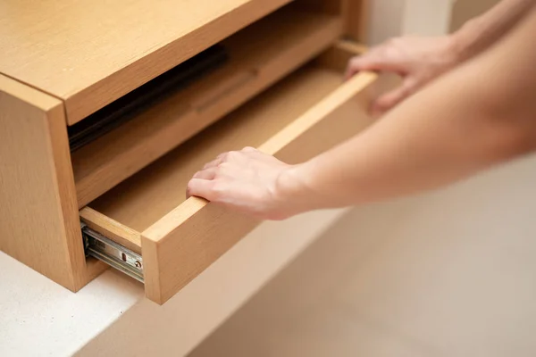 Woman Hand Pull Open Drawer Wooden Cabinet — Stock Photo, Image