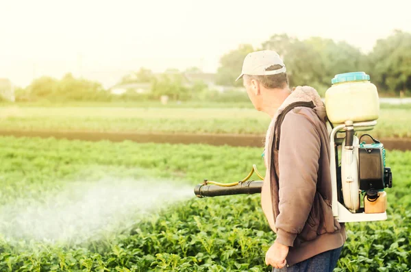 Agricultor Con Pulverizador Niebla Trata Plantación Patatas Plagas Infecciones Por — Foto de Stock