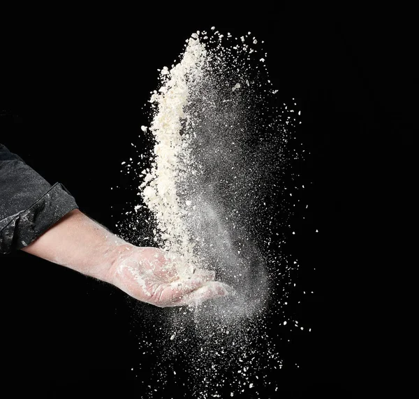 Baker Hand Throws Handful White Wheat Flour Black — Stock Photo, Image