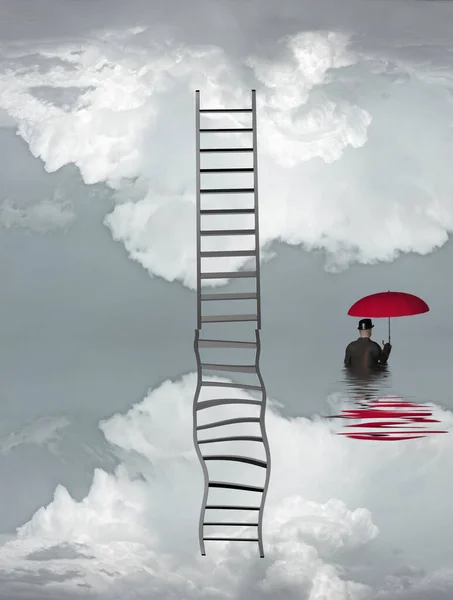 Man Flood Ladder Abstract Conceptual Illustration — Stock Photo, Image
