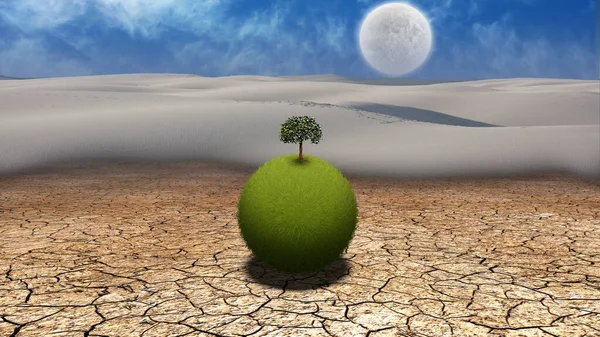 Grassy globe with tree in desert, abstract conceptual illustration
