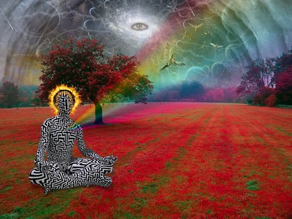Surreal Abstract Rendering Art Mystical Human Meditating Nature — Stock Photo, Image
