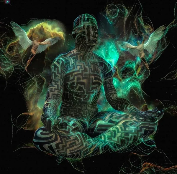 Abstrakte Digitale Kunst Illustration Des Meditierenden Menschlichen Körpers — Stockfoto