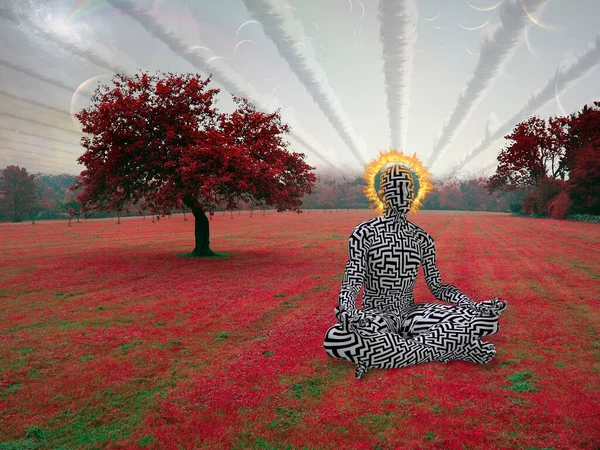 Gerçeküstü Soyut Boyutlu Tasvir Sanatı Mistik Insan Doğada Meditasyon Yapıyor — Stok fotoğraf