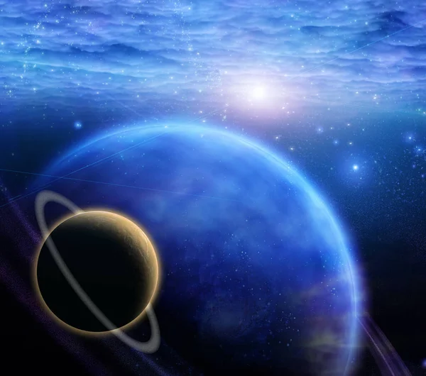 Ilustracja Futurystycznej Przestrzeni Galaktyki Planetami — Zdjęcie stockowe