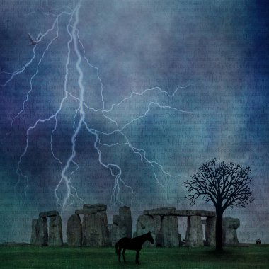 Stonehenge 'in yanındaki siyah at, renkli çizimler. 