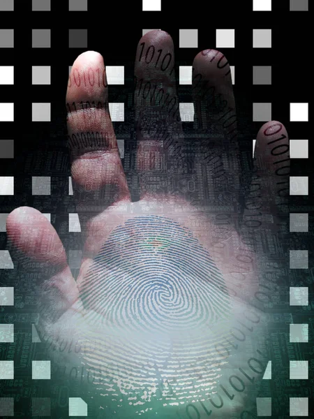 Human hand with binary code, conceptual abstract illustration