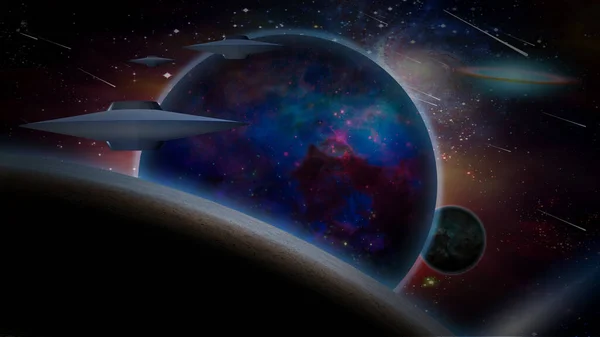 Statki Kosmiczne Pobliżu Planet Obcych Abstrakcyjna Ilustracja Konceptualna — Zdjęcie stockowe