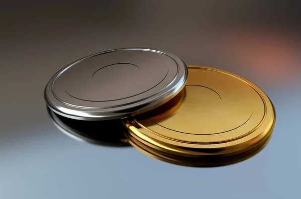Золотые Серебряные Медали Диски Лежащие Вместе Зеркальной Поверхности — стоковое фото