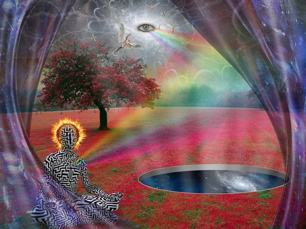 Surreal Abstract Rendering Art Mystical Human Meditating Nature — Stock Photo, Image