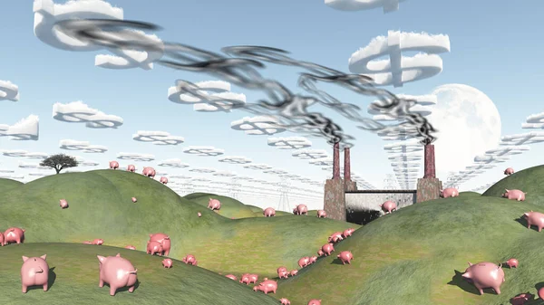 Surreal Landscape Factory Pigs — Stock Photo, Image