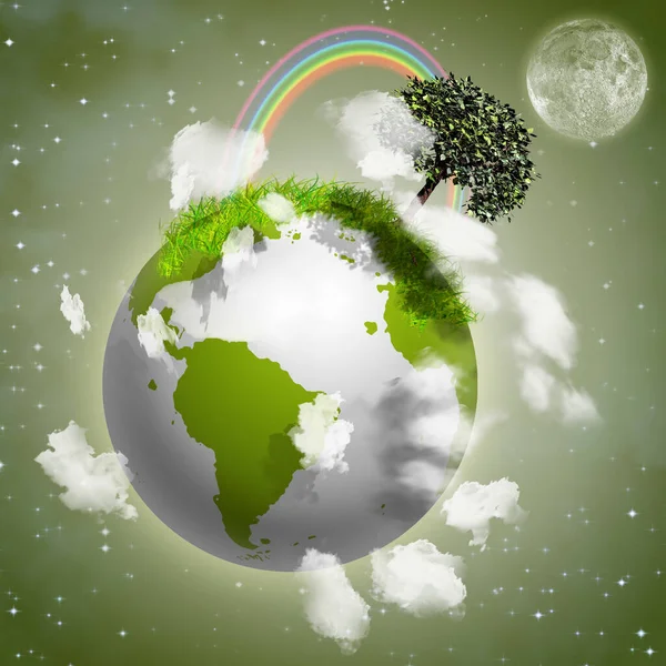 Little Planet Tree Abd Rainbow Illustration — Stock Photo, Image
