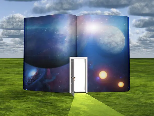 Książka Sceną Science Fiction Otwartymi Drzwiami Światła — Zdjęcie stockowe
